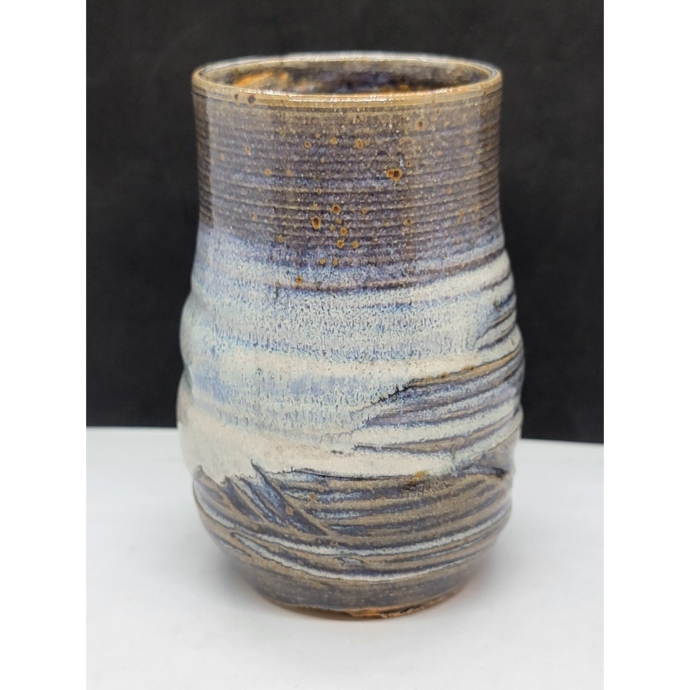 Studio Pottery Blue Gray Browns Vase Cup 4 5/8"